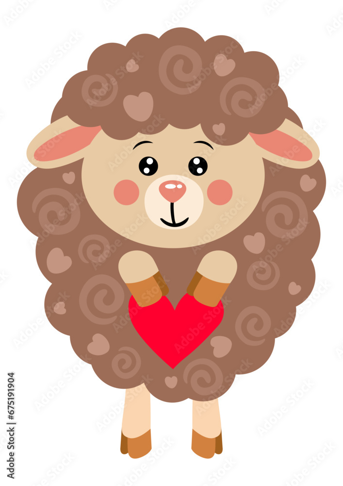 Fototapeta premium Funny brown sheep holding a heart