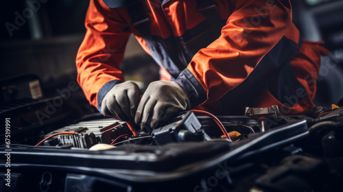 Professional, mechanic or man working on vehicle or car engine. Close-up, hands and crop for car parts and automobile service repair in a engineer or garage workshop photo