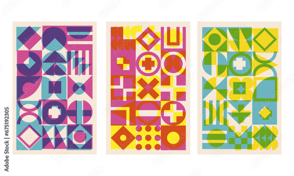 Geometric cover set with riso print effect. Bauhaus shapes pattern risograph style	
