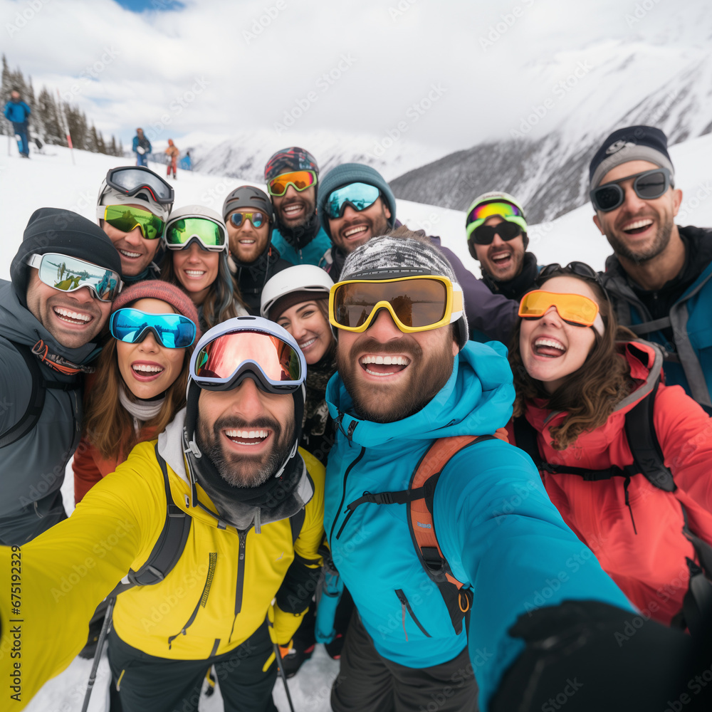 a group of people wearing ski equipment takes a selfie together