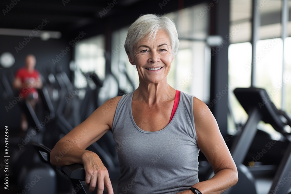Obraz premium Fit and Happy: Senior Woman Embracing Fitness in the Gym