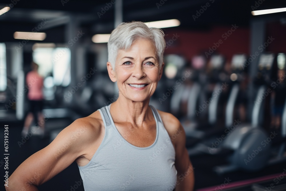 Fototapeta premium Fit and Happy: Senior Woman Embracing Fitness in the Gym