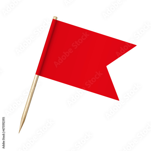 Realistic vector illustration of wooden toothpick with red paper flag.