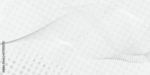 Abstract halftone dotted background.Light grey abstract background, vector wave of flowing particles, curvy lines of dots in motion,digital futuristic illustration, nano technology theme.