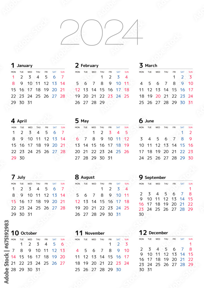 月曜始まりの2024年カレンダー 縦 月曜始まりの2024年カレンダー 縦