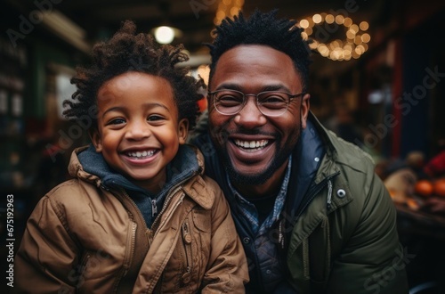 A joyful scene of a smiling African black father wearing glasses, enjoying a walk with his happy son. They are having fun and sharing special moments together. © YULIA
