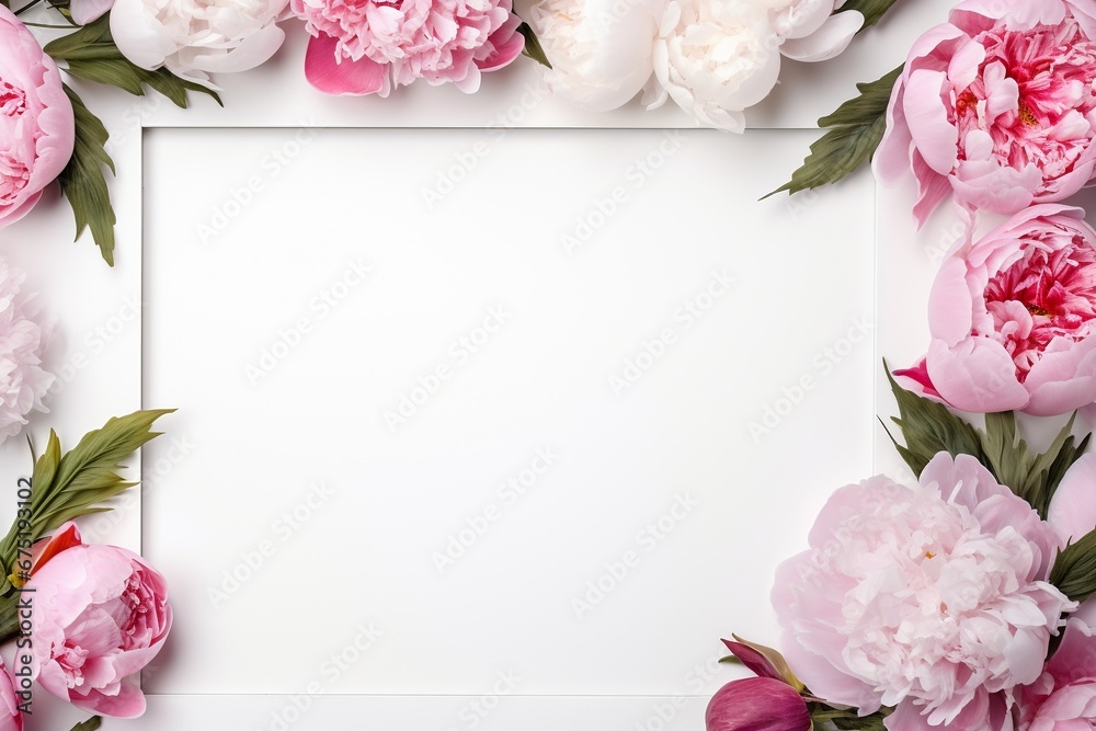 White Frame with Peonies, Flowers, and Leaves on White Background