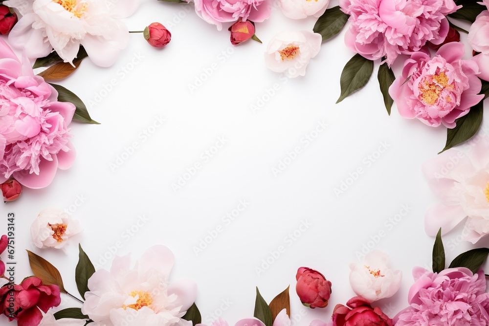 White Frame with Peonies, Flowers, and Leaves on White Background White Frame with Peonies, Flowers, and Leaves on White Background