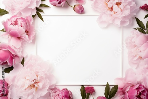 White Frame with Peonies, Flowers, and Leaves on White Background