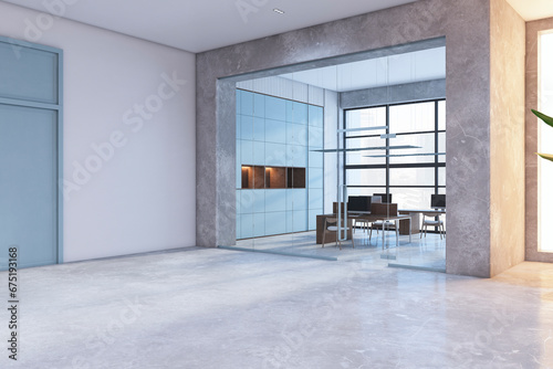 Contemporary glass office corridor interior with window and city view, plants, furniture and concrete flooring. 3D Rendering.
