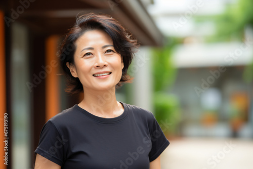 a woman with a black shirt is smiling