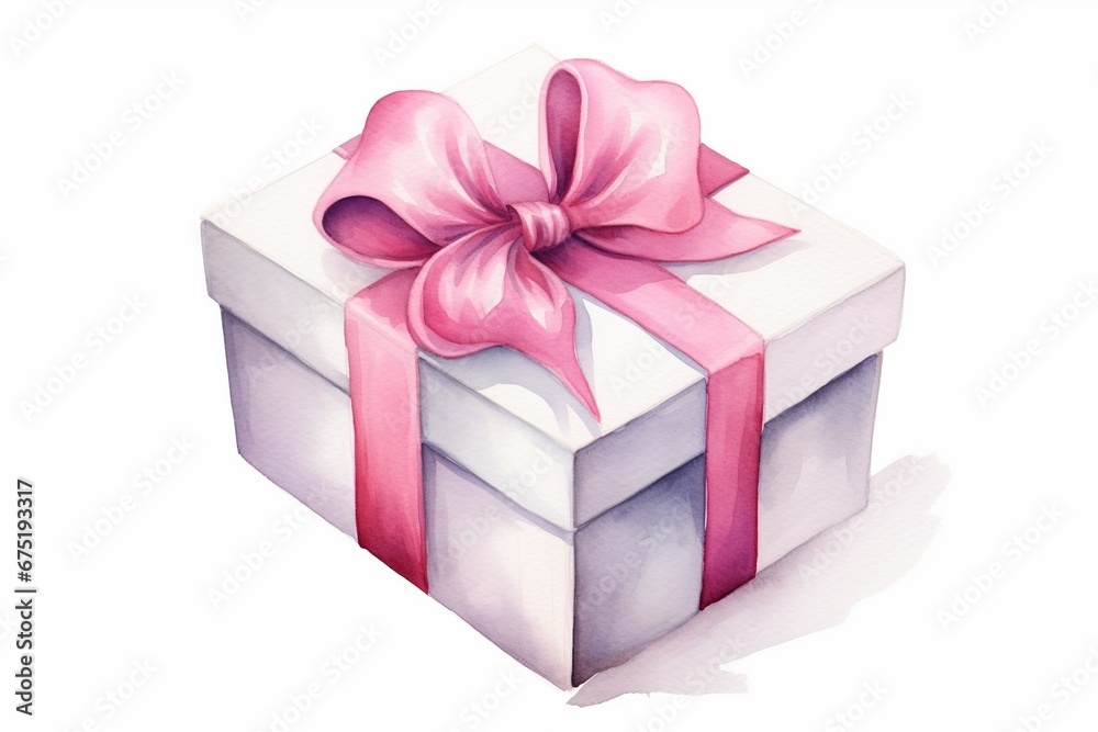 White Gift Box with Pink Ribbon - Watercolor Style White Gift Box with Pink Ribbon - Watercolor Style