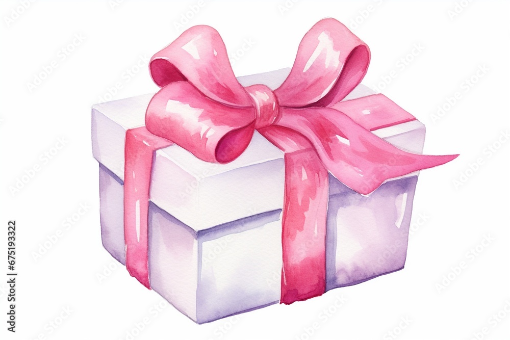 Fototapeta premium White Gift Box with Pink Ribbon - Watercolor Style