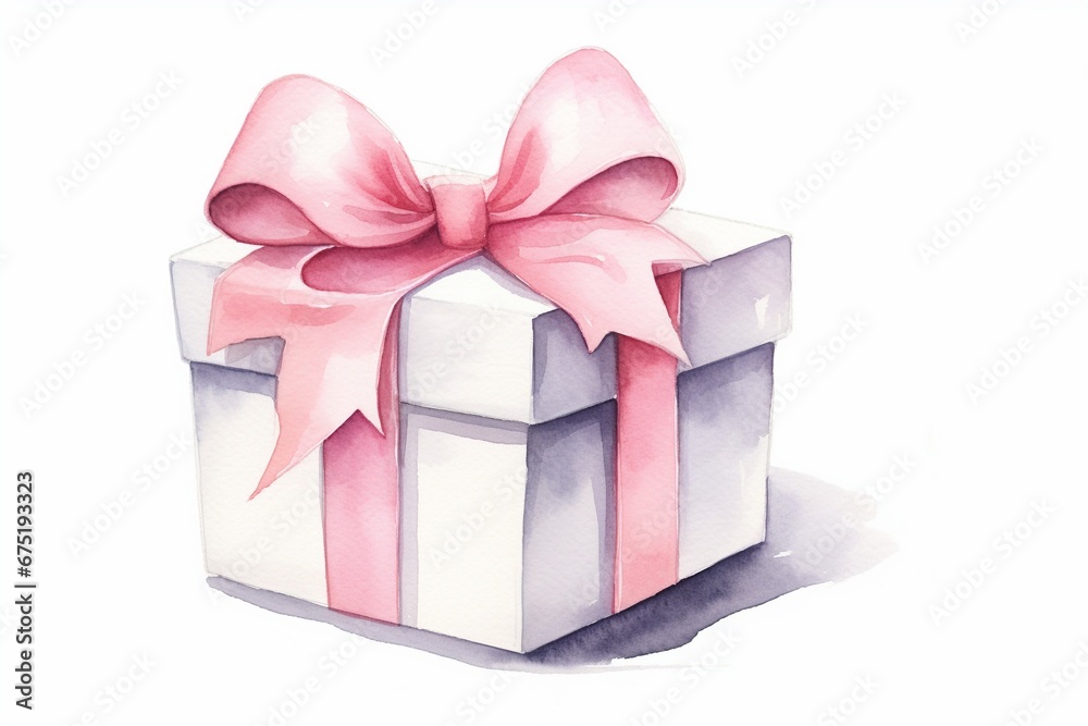 Fototapeta premium White Gift Box with Pink Ribbon - Watercolor Style