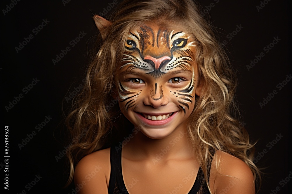 Smiling Young Girl with Leopard or Cheetah Face Paint Smiling Young Girl with Leopard or Cheetah Face Paint