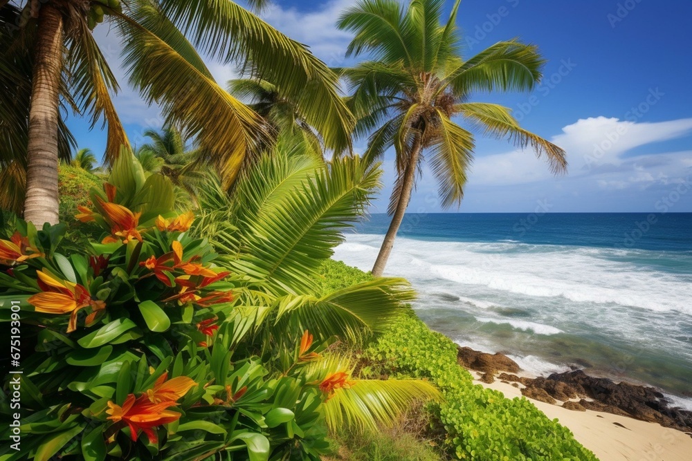 A tropical scene with coconut, flowers, and palm trees on the beach. Generative AI
