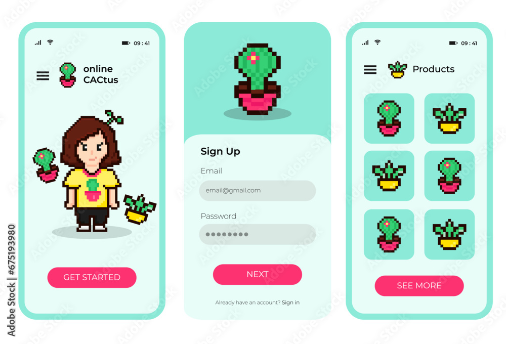 Pixel art vector mobile app. Mobile app in blue and pink colors with girl, cactus and plant in pixel art. Vector illustration Pixel art vector mobile app. Mobile app in blue and pink colors with girl, cactus and plant in pixel art. Vector illustration