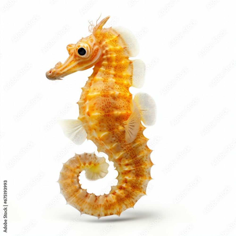 A Majestic Yellow Seahorse Gracefully Poses on a Serene White Canvas