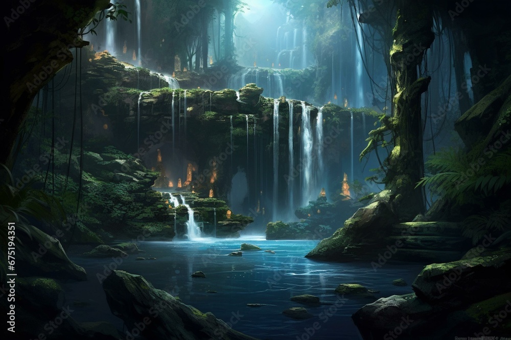 image depicting stunning mystical river setting featuring cascading waterfalls. Generative AI