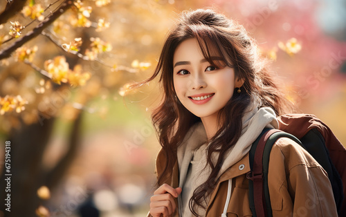Young cheerful asian girl walking through a spring park on a bright day. Asia woman walking in a sunny spring day.