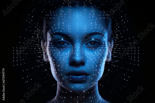 Female face with dots and lines, hologram, close-up. The concept of artificial intelligence AI with a human face. Human Robot.
