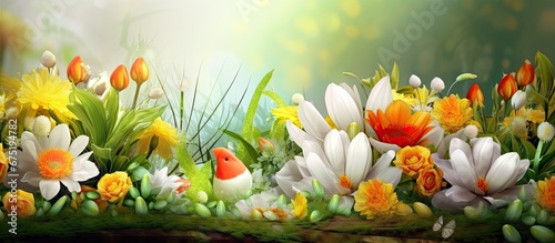During Easter in the lush green garden colorful flowers bloomed creating a picturesque nature scene that served as the perfect background for the joyous celebration a white floral card was 