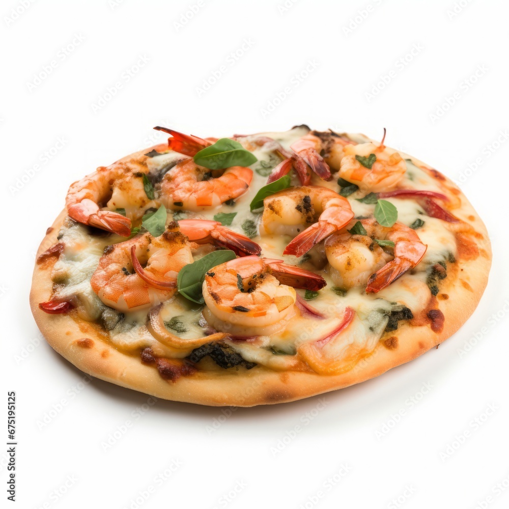 A Delicious Shrimp and Cheese Pizza on a Clean White Background