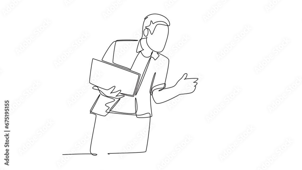 Animated self drawing of continuous line draw two smart young male and female workers watching stock movements on laptop together at the office. Stockbroker concept. Full length single line animation Animated self drawing of continuous line draw two smart young male and female workers watching stock movements on laptop together at the office. Stockbroker concept. Full length single line animation