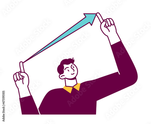 Man gestures to show the growth of indicators with an upward arrow