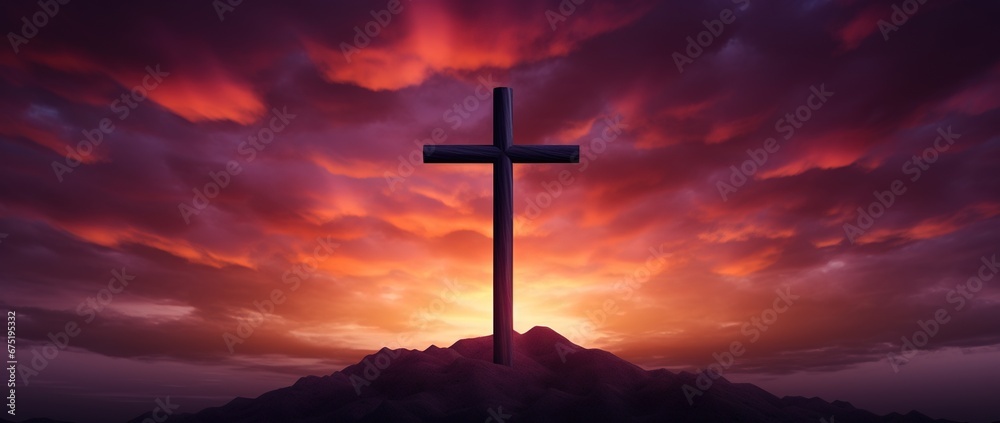Cross in the mountains at sunset