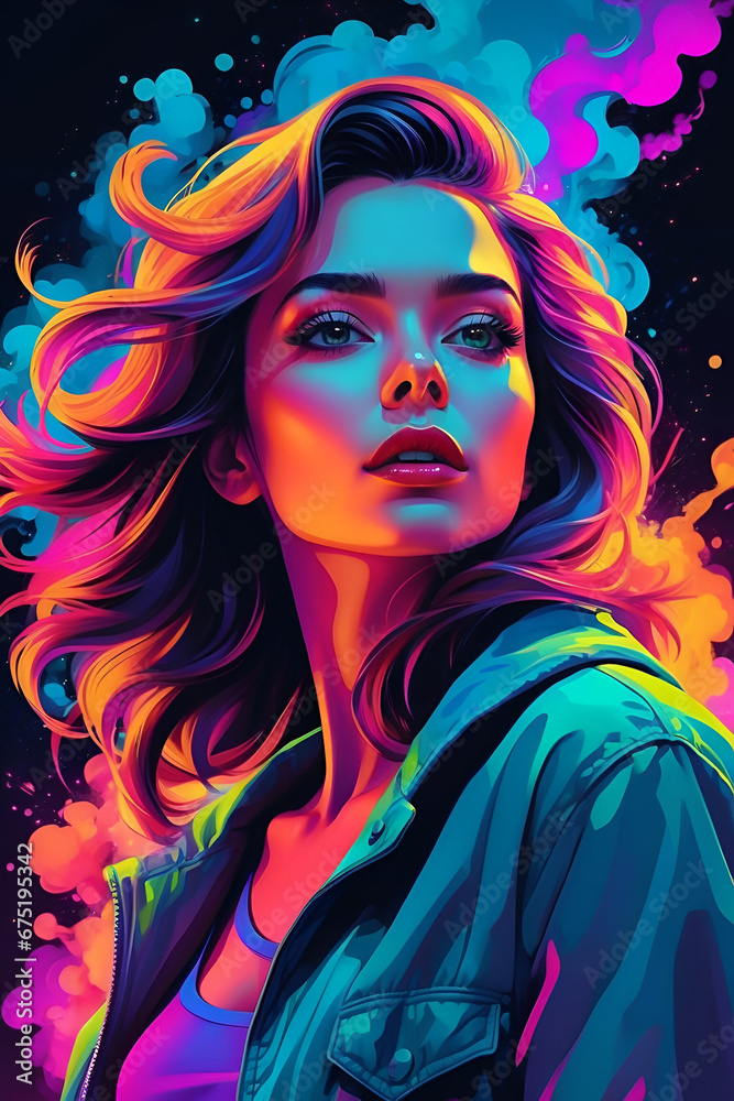Fototapeta premium Portrait of a beautiful young woman in colorful smokey background.
