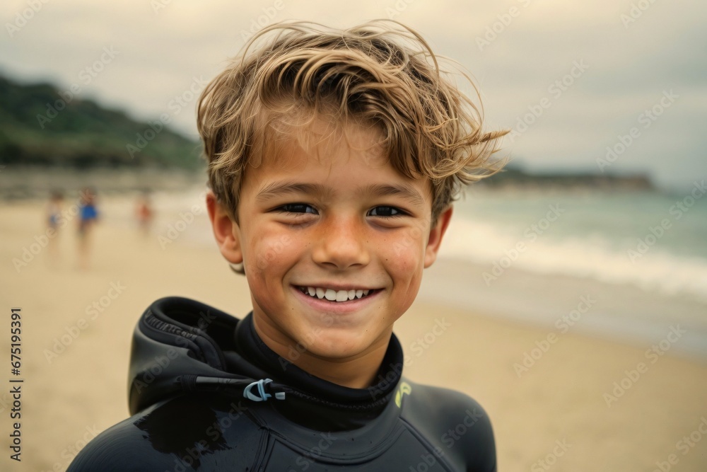 Portrait of smiling boy in wetsuit looking at camera on beach. Generative Ai. Portrait of smiling boy in wetsuit looking at camera on beach. Generative Ai.