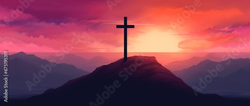 Cross in the mountains at sunset