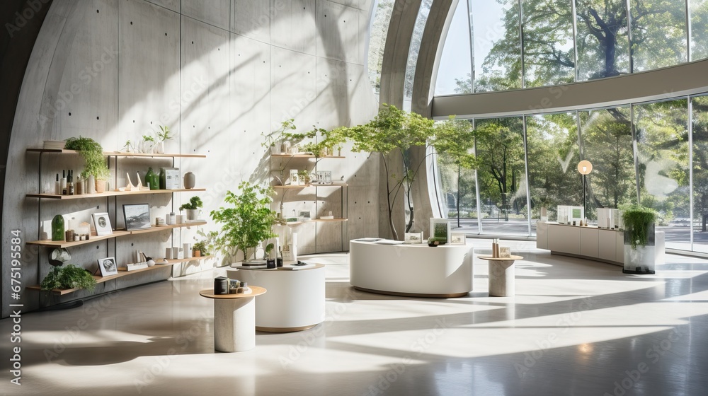 Interior of a modern office building with large windows and a lot of plants Interior of a modern office building with large windows and a lot of plants