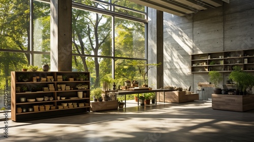 Interior of a modern office building with large windows and a lot of plants