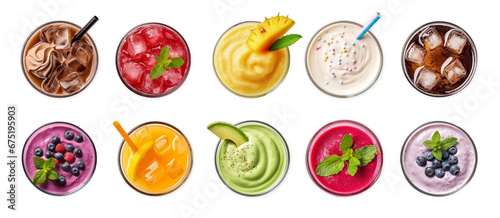 cool drinks set ; smoothie, juice, sparkling water with fresh and beautiful fruits decorated glass top view on white background.