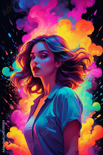 Vector illustration of beautiful woman with long hair and colorful abstract background.