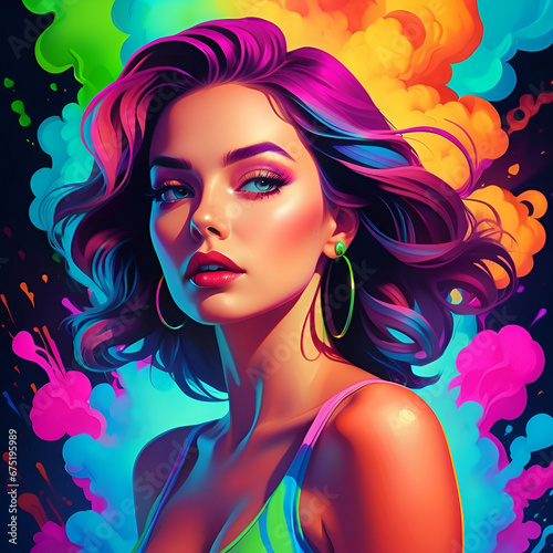 Vector illustration of beautiful woman with long hair and colorful abstract background.