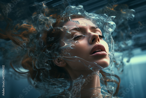 portrait of a woman underwater, she's breathing