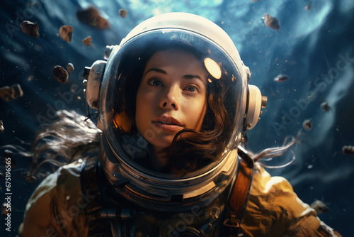 portrait of a woman as an astronaut, underwater, dressed in a spacesuit, helmet, beautiful face, abstract wave background