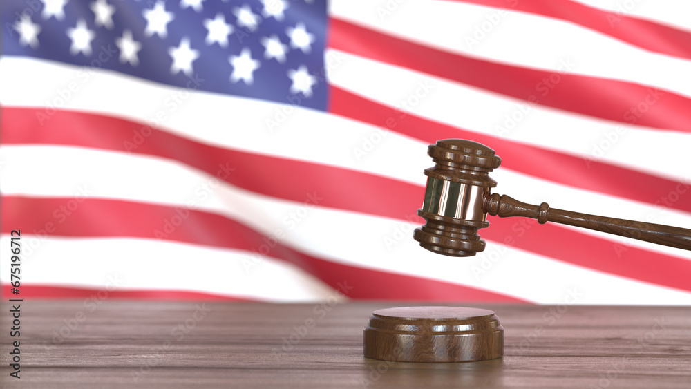 3D render - Judge's gavel against the backdrop of a waving US flag