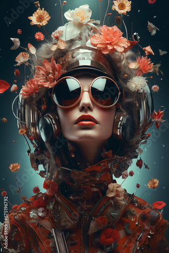 portrait of a woman, in futuristic abstract style, goggles and helmet, flowers around head, beautiful face, abstract background photo