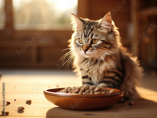 Kitten sits on floor near bowl of cat food