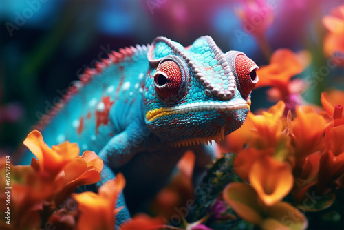 view of a chameleon among colorful flowers