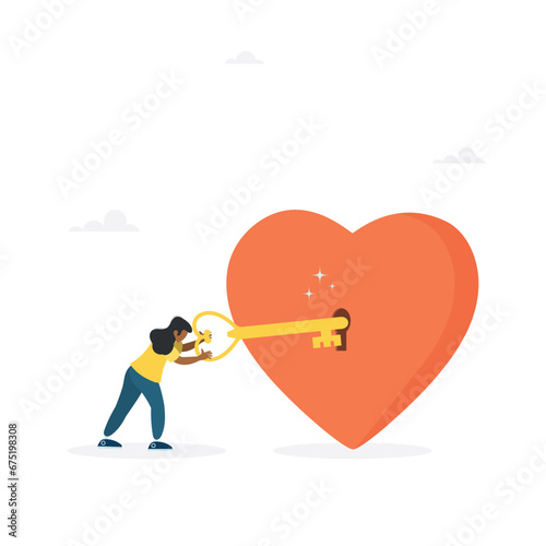Unleash your passion for your business, your motivation to succeed and beat the competition. The concept of love for something. The girl inserts the key into the heart. Vector.
