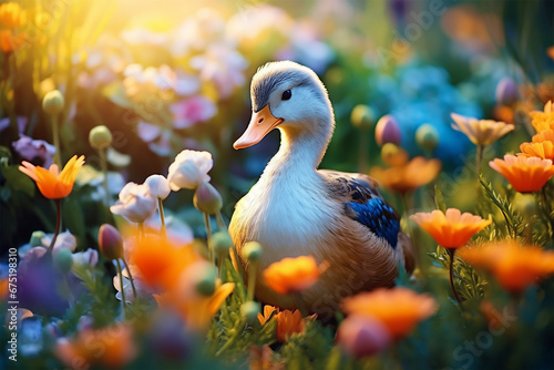 view of a duck among colorful flowers photo