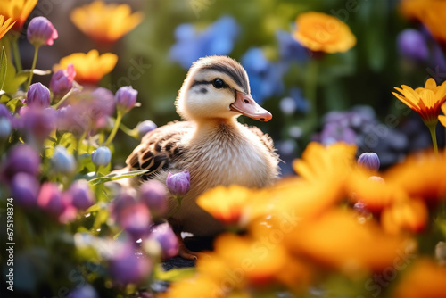 view of a duck among colorful flowers