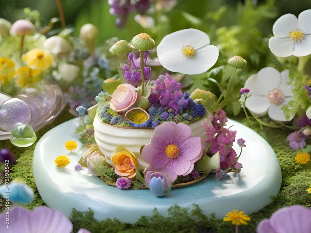 Step into a dreamy garden where floral-infused dishes and edible flowers create a whimsical culinary wonderland. Captured in high resolution, the scene is bathed in soft, filtered light, surrounded by