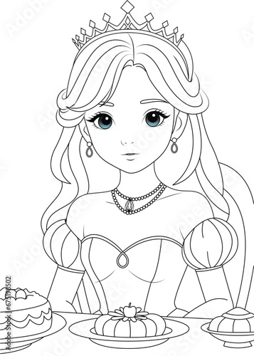 Coloring page cute princess in the party. Flat vector outline for kids coloring book 