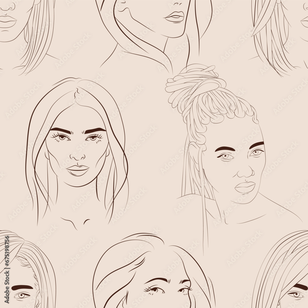 Vector seamless pattern with faces of young black and white women. Hand drawn background with people Vector seamless pattern with faces of young black and white women. Hand drawn background with people
